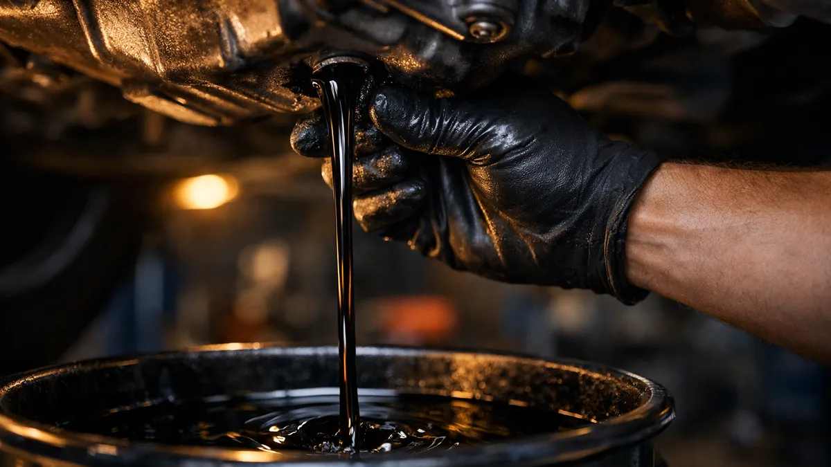 Mechanic draining used engine oil from a car in a professional garage