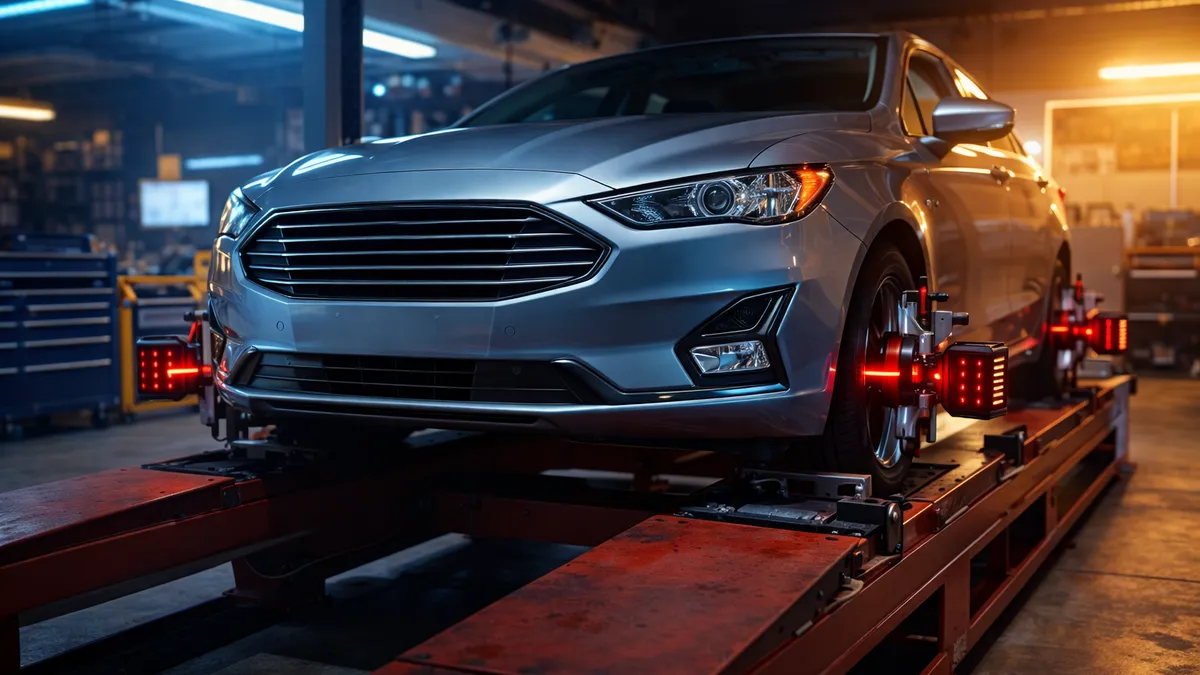 Car on a four-post alignment rack with laser sensors on wheels