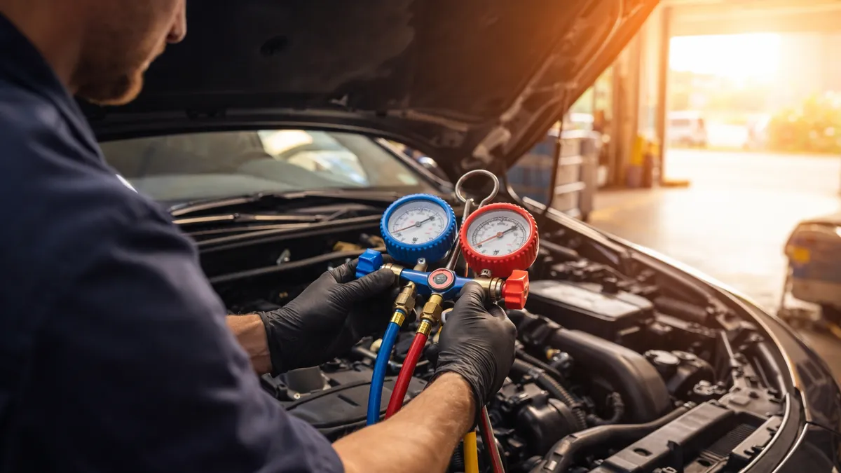 Mechanic using AC manifold gauges connected to a car air conditioning system