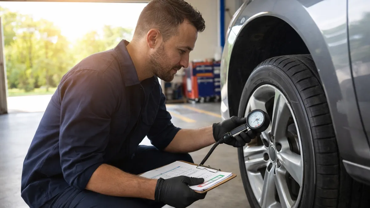Mechanic performing a spring inspection with garage door open to sunny day