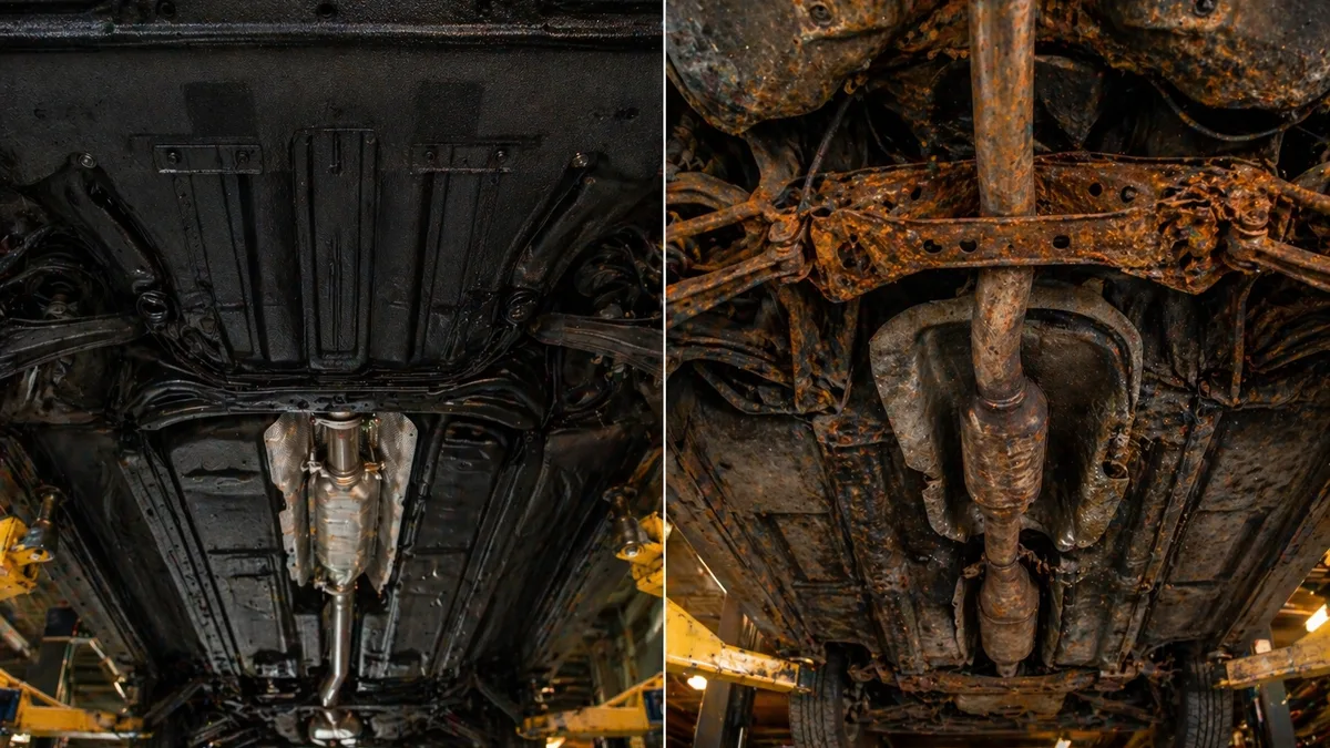 Side-by-side underside view of a well-protected clean vehicle frame next to a heavily salt-corroded one