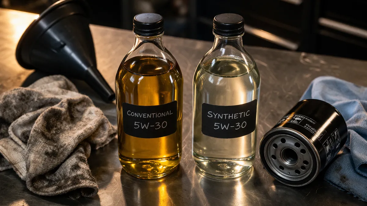 Synthetic and conventional motor oil bottles side by side on a workbench