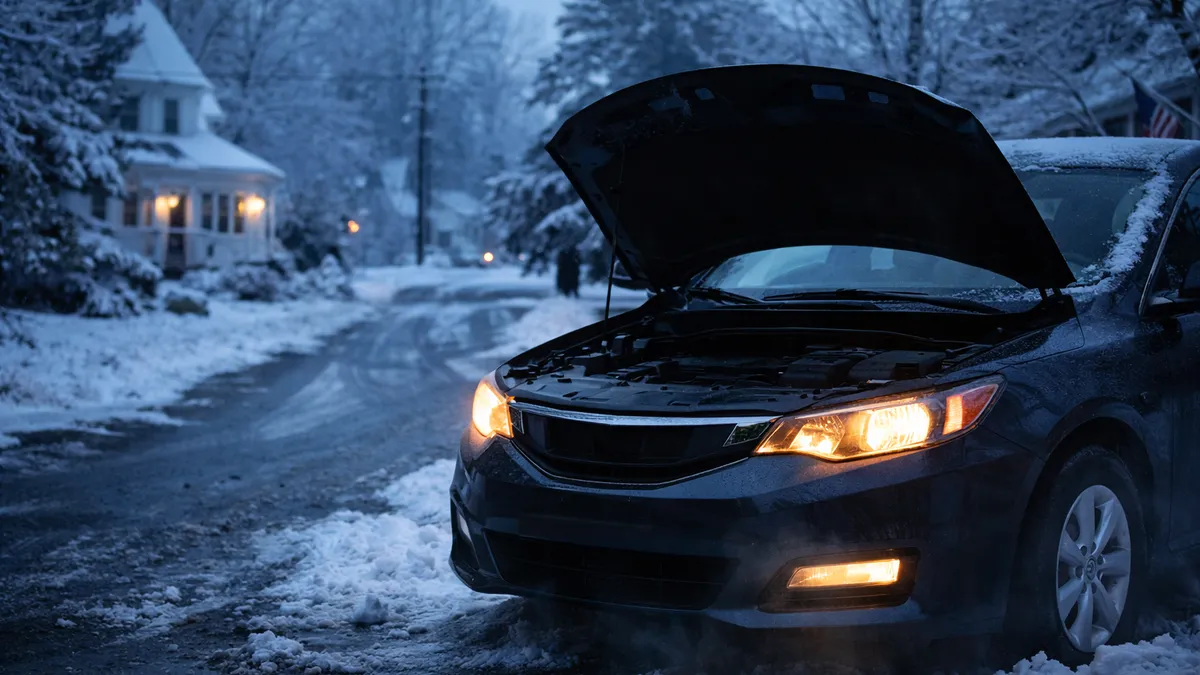 Car in a snowy New England driveway ready for winter maintenance