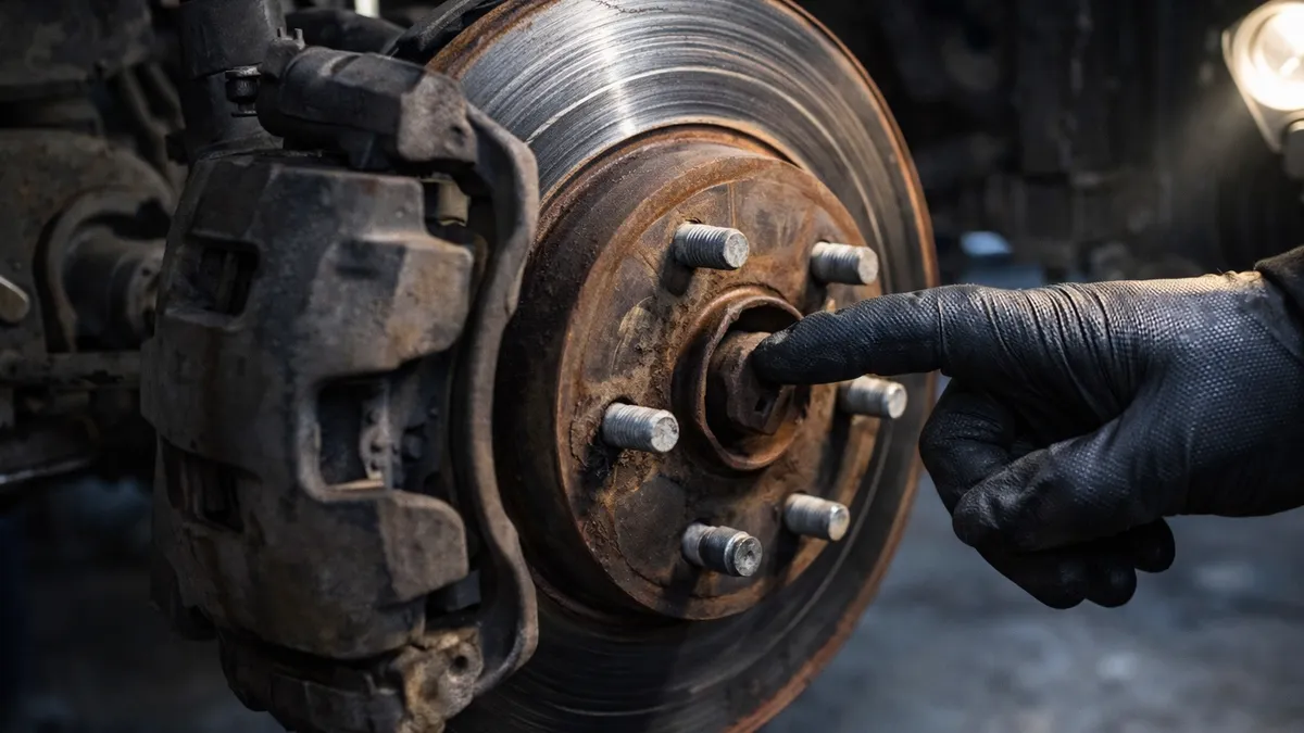 Close-up of a worn brake rotor with visible scoring and damage