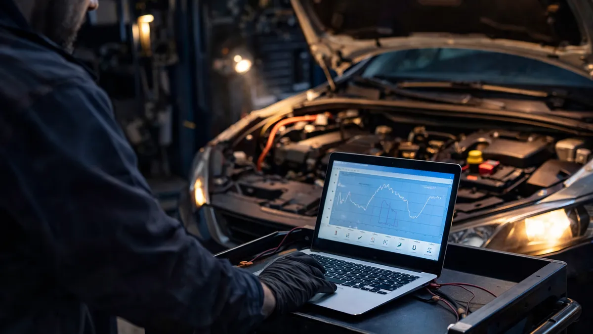 Mechanic reviewing diagnostic data on a laptop connected to a vehicle