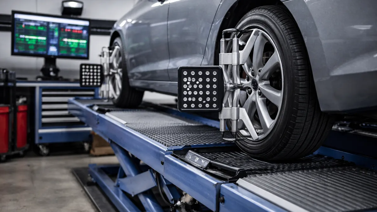 Vehicle on an alignment rack with computer-guided sensors on wheels