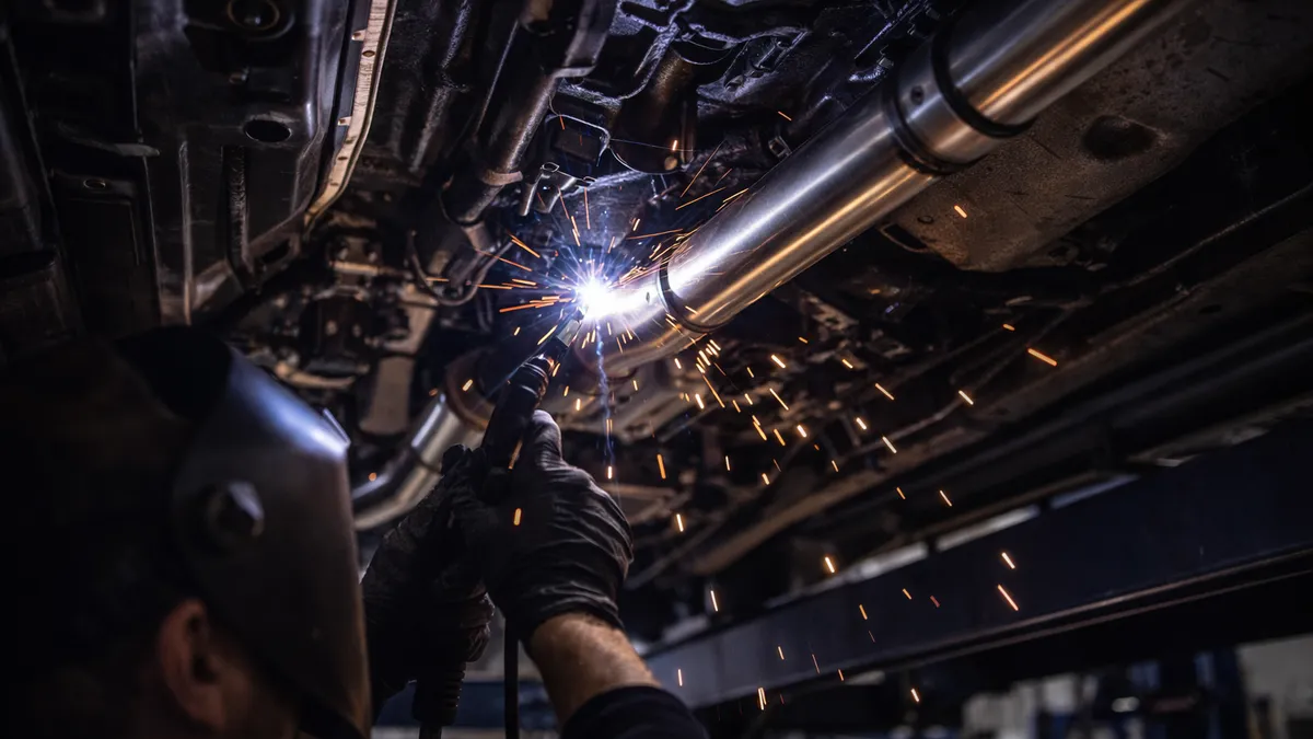 Mechanic fitting exhaust pipe on a vehicle raised on a lift